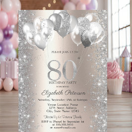 Invitación Purpurina Confetti Globos Champagne 80 cumpleaños