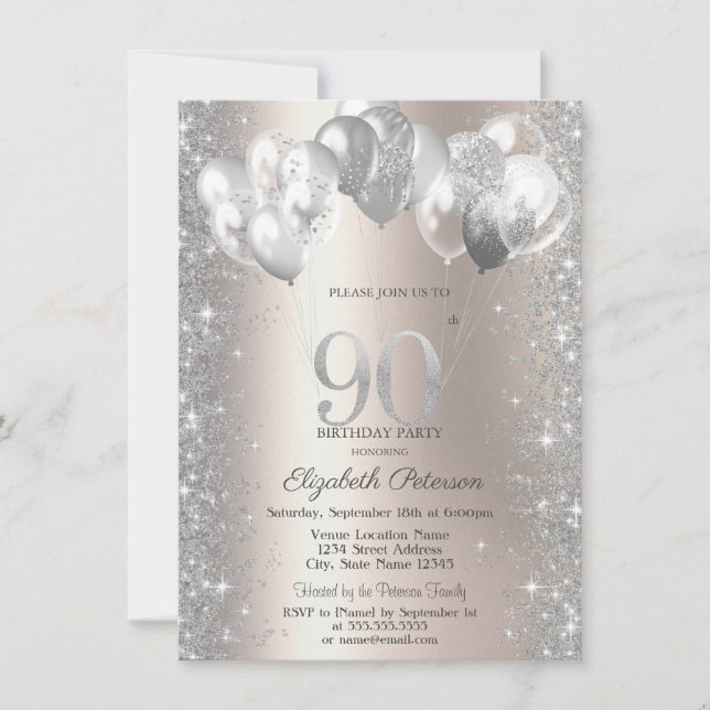 Invitación Purpurina Confetti Globos Champagne 90 cumpleaños (Anverso)