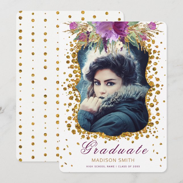 Invitación Purpurina Confetti, graduado de Flores de espuma (Anverso / Reverso)