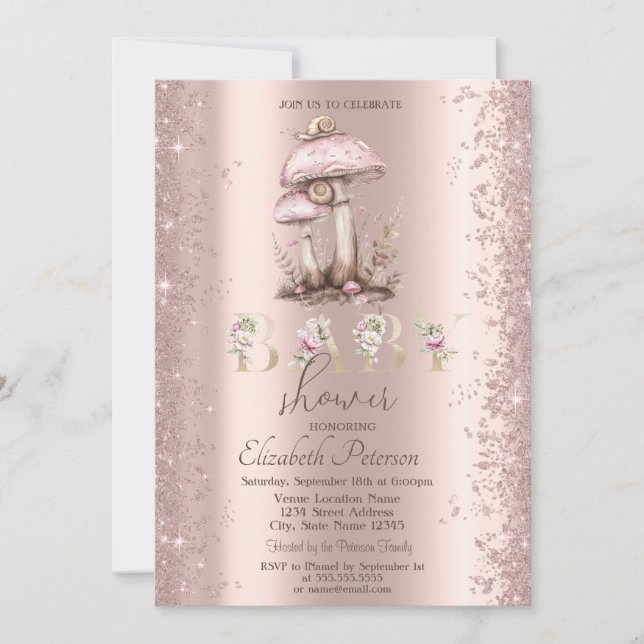 Invitación Purpurina Confetti Mushrooms Snack Baby Shower (Anverso)