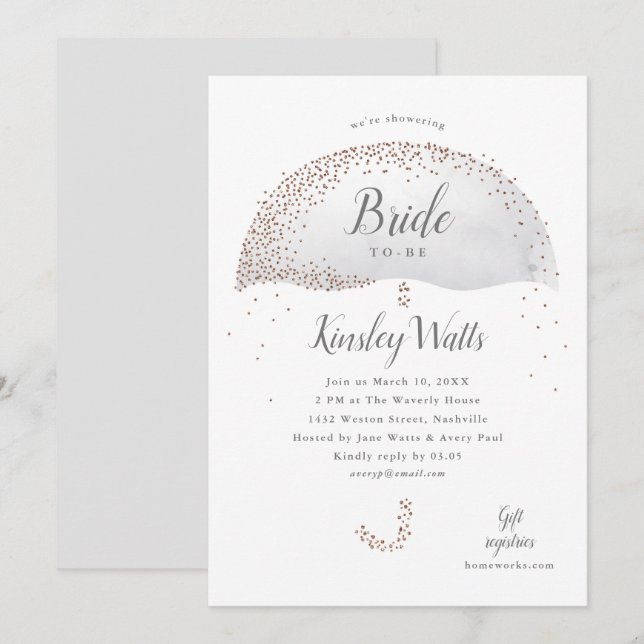 Invitación Purpurina confetti paraguas grises ducha de novia (Anverso / Reverso)