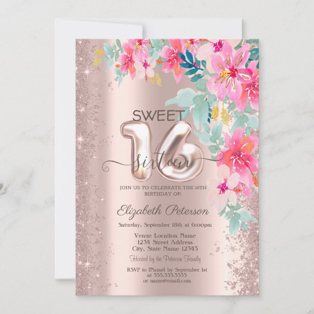 Invitación Purpurina Confetti Primavera Flores Rosa Dulce de  (Anverso)