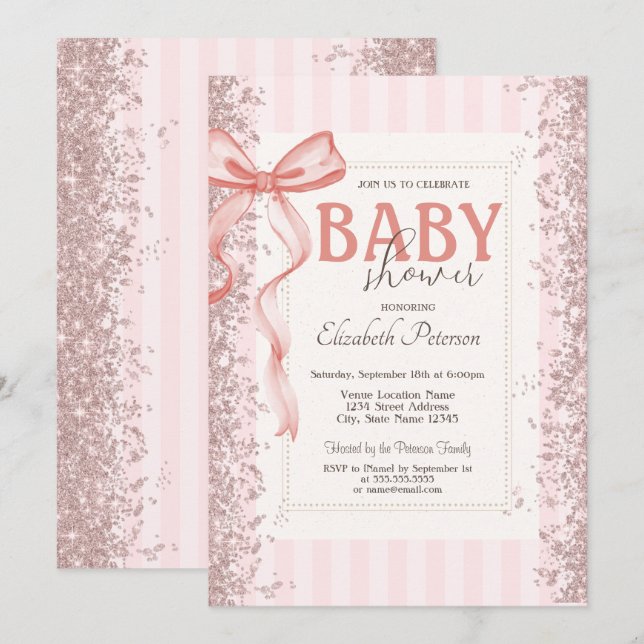 Invitación Purpurina Confetti Rosa Bow Stried Baby Shower (Anverso / Reverso)