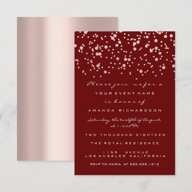 Invitación Purpurina Confetti Rosa Maroon Bridal Sweet 16th (Anverso / Reverso)