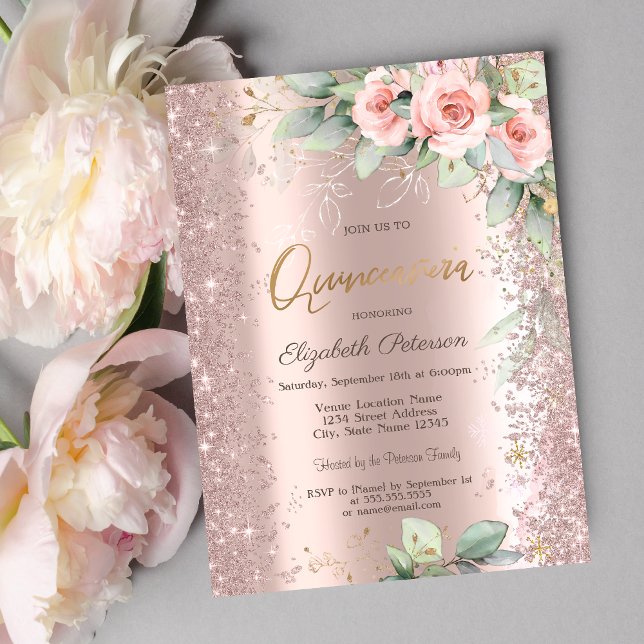 Invitación Purpurina Confetti Rosa Rosas de oro Quinceanera (Subido por el creador)