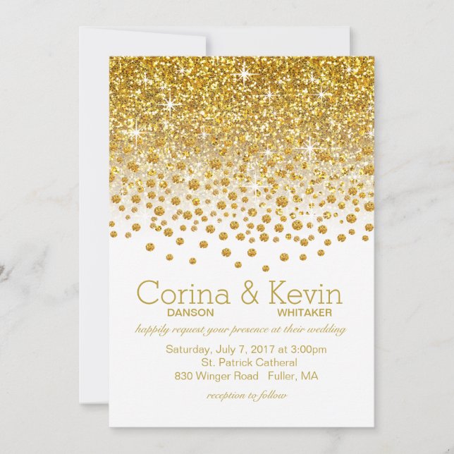 Invitación Purpurina Confetti Shower Boda| blanco dorado (Anverso)