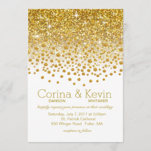 Invitación Purpurina Confetti Shower Boda blanco dorado