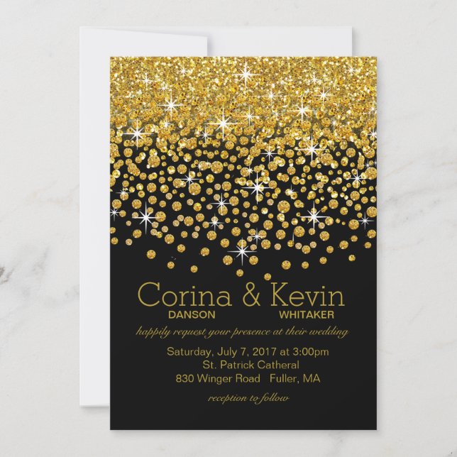 Invitación Purpurina Confetti Shower Boda | negro dorado (Anverso)