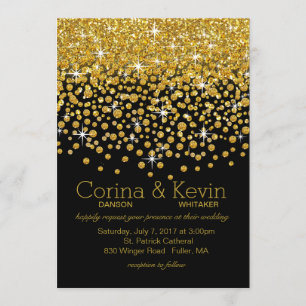 Invitación Purpurina Confetti Shower Boda negro dorado