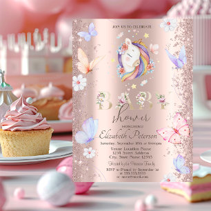 Invitación Purpurina Confetti Unicorn Butterflies Baby Shower