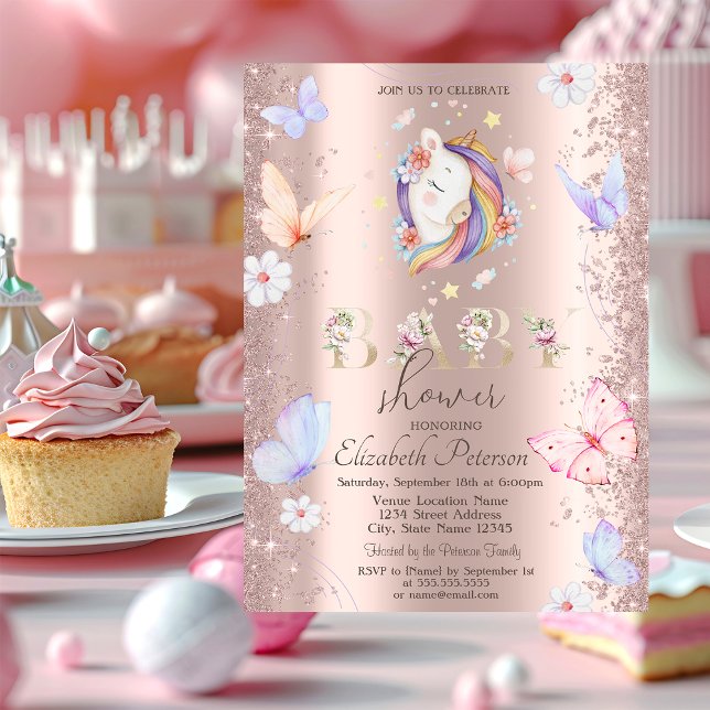 Invitación Purpurina Confetti Unicorn Butterflies Baby Shower (Subido por el creador)