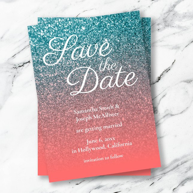 Invitación Purpurina Coral y Verde azulado de Ombre Guardar l (Subido por el creador)