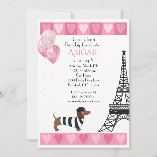 Invitación Purpurina Corazón Rosa Perro de la Torre Eiffel (Anverso)