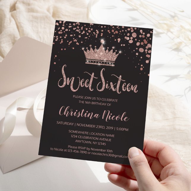 Invitación Purpurina Crown Rosa Oro Gris Confetti Sweet 16 (Subido por el creador)