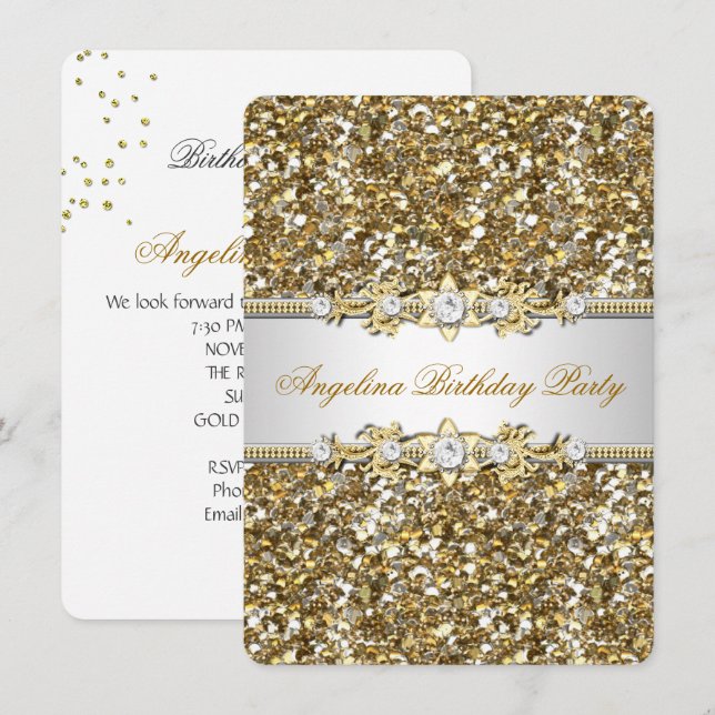 Invitación Purpurina Cumpleaños Party Gold Jewel Diamond (Anverso / Reverso)