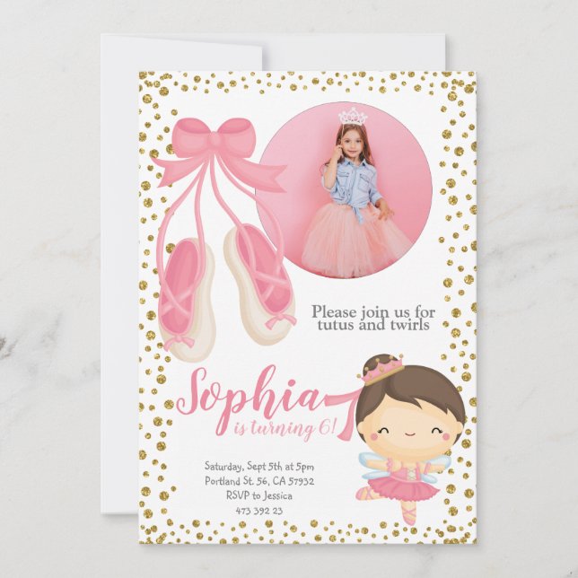 Invitación Purpurina Cute Ballerina Pink Gold | Cumpleaños de (Anverso)