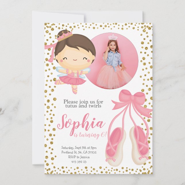 Invitación Purpurina Cute Ballerina Pink Gold | Cumpleaños de (Anverso)