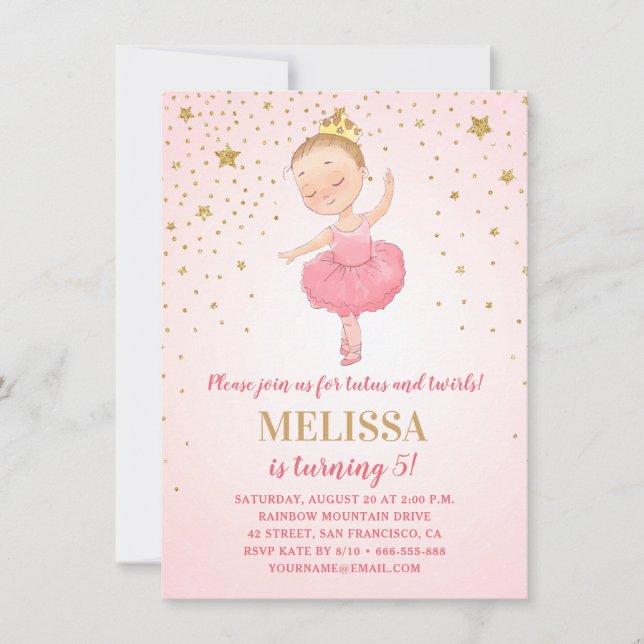 Invitación Purpurina Cute Ballerina Pink Gold | Cumpleaños de (Anverso)