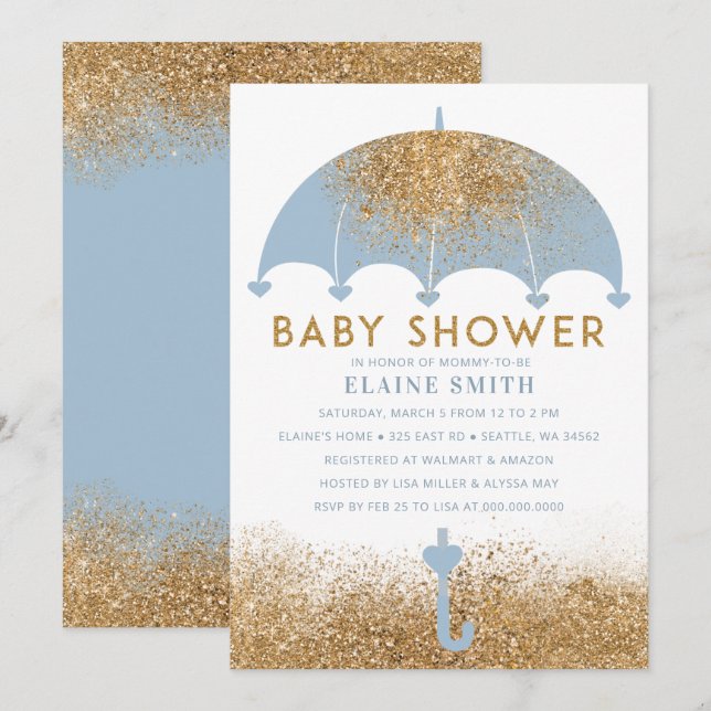 Invitación Purpurina Cute Blue Gold Baby Shower (Anverso / Reverso)