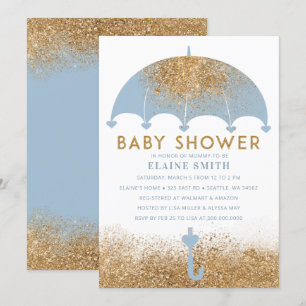 Invitación Purpurina Cute Blue Gold Baby Shower