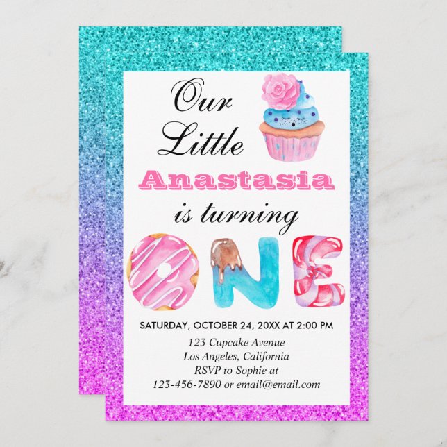 Invitación Purpurina Cute Cupcake Azul Púrpura Primer Cumplea (Anverso / Reverso)