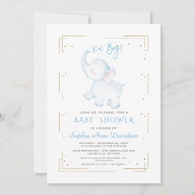 Invitación Purpurina Cute Elephant Gold Baby Shower (Anverso)