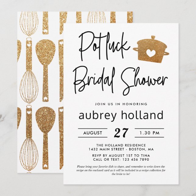 Invitación Purpurina Cute Faux Gold Potluck Bridal Shower (Anverso / Reverso)