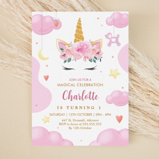 Invitación Purpurina Cute Gold Floral Rosa Unicornio Cumpleañ (Subido por el creador)