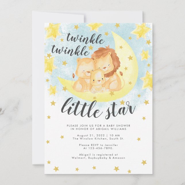 Invitación Purpurina Cute Gold Twinkle Little Star Baby Showe (Anverso)