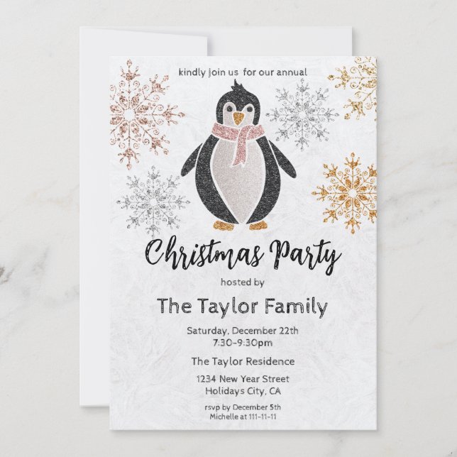 Invitación Purpurina Cute Navidades del pingüino Cena Fiesta  (Anverso)