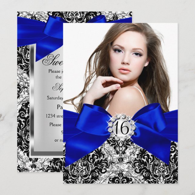 Invitación Purpurina Damask y Royal Blue Bow Sweet 16 Foto (Anverso / Reverso)