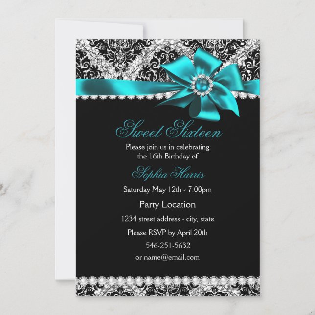 Invitación Purpurina Damask y Verde azulado Jewel Bow Sweet 1 (Anverso)