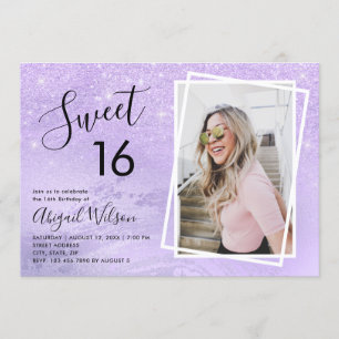Invitación purpurina de 16 años dulce y violeta
