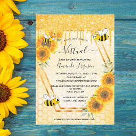 Invitación Purpurina de abejas lindo virtual girasol ducha be