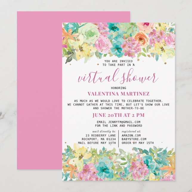 Invitación Purpurina de acuarela azul rosa Floral Virtual Sho (Anverso / Reverso)