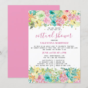Invitación Purpurina de acuarela azul rosa Floral Virtual Sho