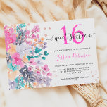 Invitación Purpurina de acuarela de flores silvestres Sweet 1<br><div class="desc">Una suave y romántica invitación a la fiesta de cumpleaños Sweet 16, elegante y moderna primavera y verano pintada a mano con hermosos colores rosa, , verde azulado, violeta lavanda y un moderno y elegante tipo de letra con rosa purpurina de oro confetti, esto es perfecto para elegante fiesta de...</div>