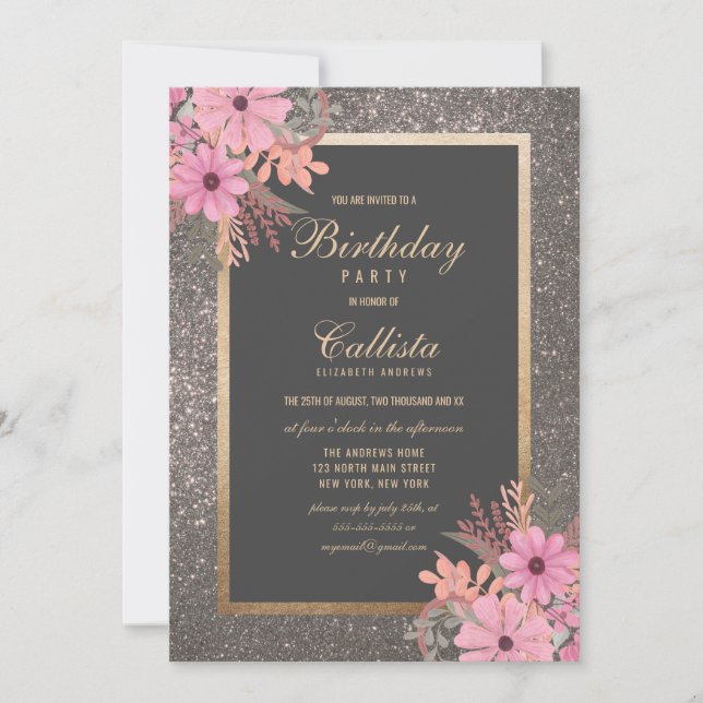 Invitación Purpurina de acuarela de hojas florales plateadas  (Anverso)