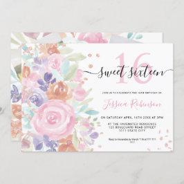 Invitación Purpurina de acuarela floral rosa Sweet 16 foto