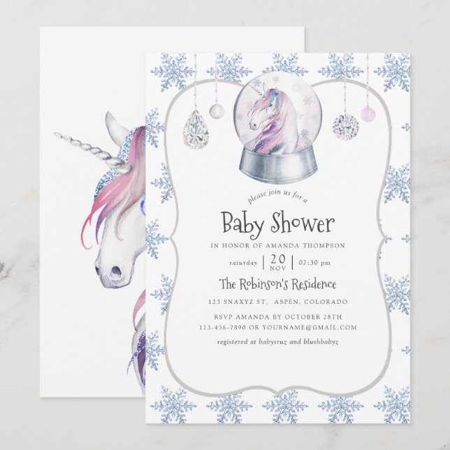 Invitación Purpurina de acuarela Navidades Unicorn Baby Showe (Anverso / Reverso)