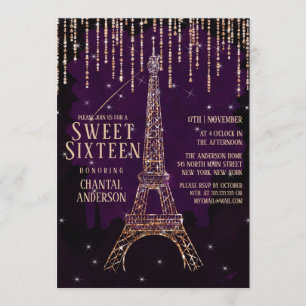 Invitación Purpurina de acuarela Paris Eiffel Tower Sweet 16