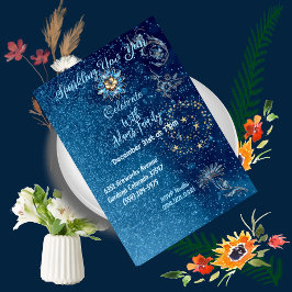 Invitación Purpurina de Año Nuevo esparcido azul Fiesta flora