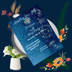 Invitación Purpurina de Año Nuevo esparcido azul Fiesta flora