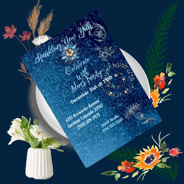Invitación Purpurina de Año Nuevo esparcido azul Fiesta flora (Blue Sparkling New Year Glitter Stars Floral Party Invitation)