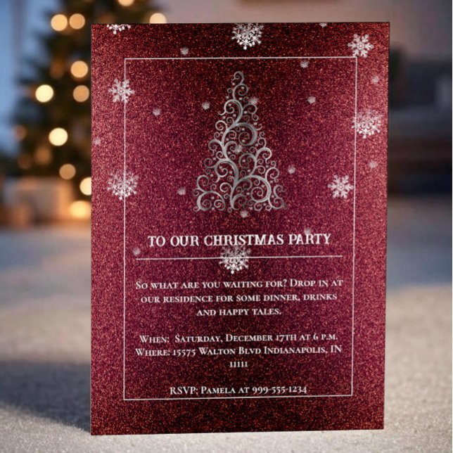 Invitación Purpurina de árbol de Navidad y copos de nieve | F (Red Christmas Tree Glitter and Snowflakes Party Invitation)