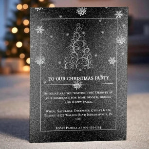Invitación Purpurina de árbol de Navidad y copos de nieve   P