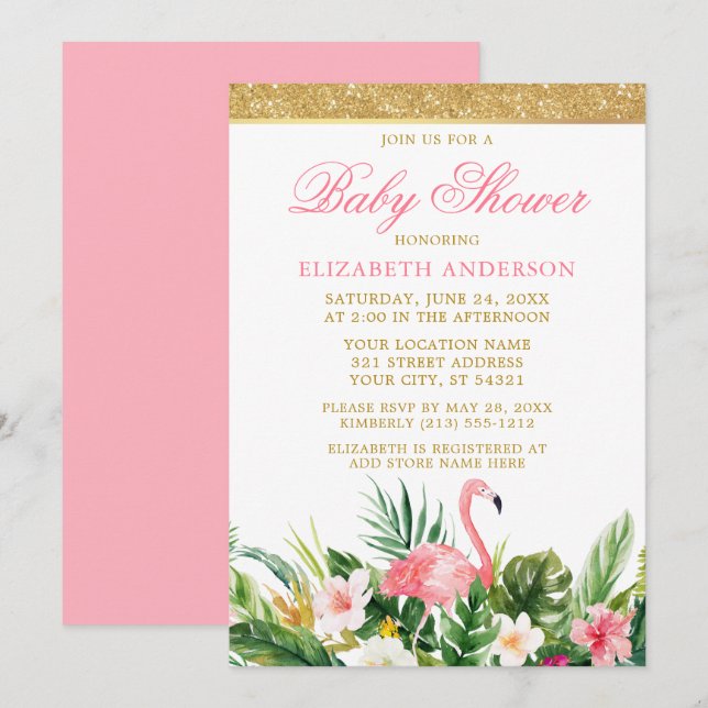 Invitación Purpurina de Baby Shower de acuarela tropical Flam (Anverso / Reverso)