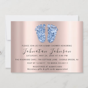 Invitación Purpurina de Baby Shower Rosa Blue Feet Gray Boy C