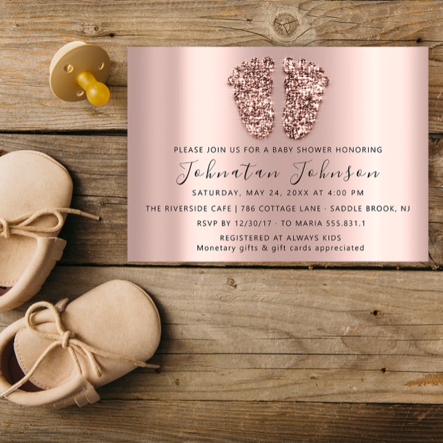 Invitación Purpurina de Baby Shower Rosa  de oro Gray Boy Chi (Baby Shower Glitter Rose Gold Feet Gray Boy Girl Invitation)