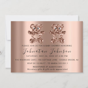Invitación Purpurina de Baby Shower Rosa gemelos bears Boy Ch